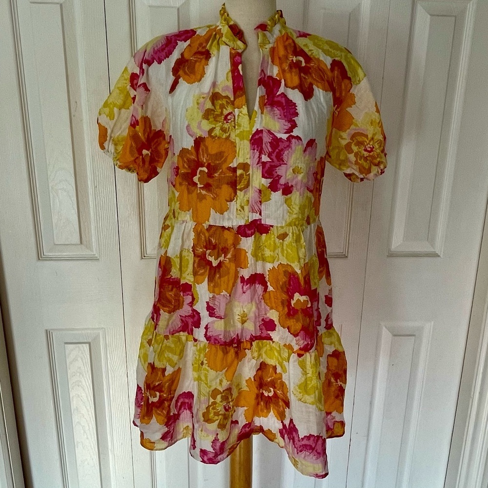 CeCe Floral High Collar Short Sleeve Babydoll Dress Size Large
